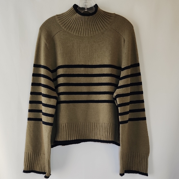 Sweaters - Olive and Navy Striped Women's Mockneck Sweater